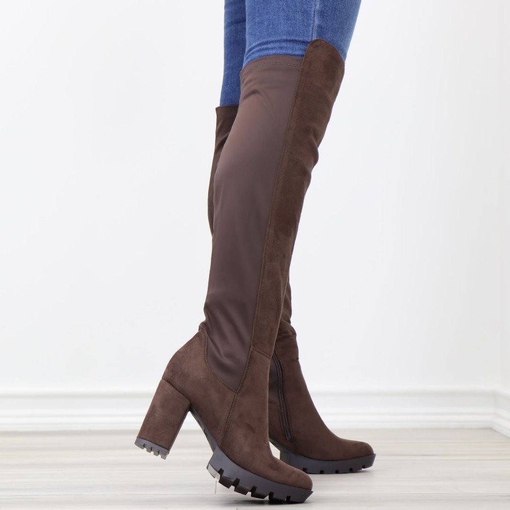 Brown Thigh High Over The Knee Lug Block Heel Boots Faux Suede Round Toe - Picture 7 of 16